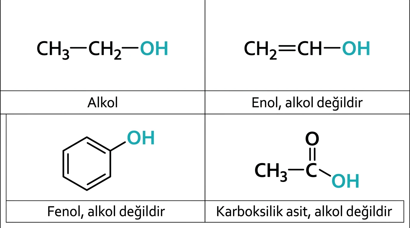 Etanol, enol, fenol ve karboksilik asit yapılarının alkol sınıfına girme bakımından karşılaştırılması