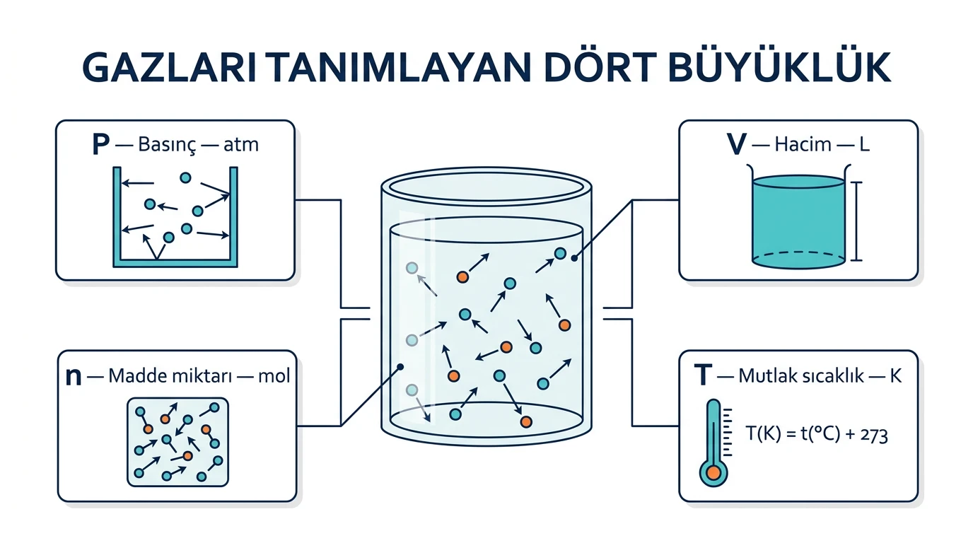 Gazları tanımlayan basınç hacim mol sayısı ve mutlak sıcaklık büyüklükleri