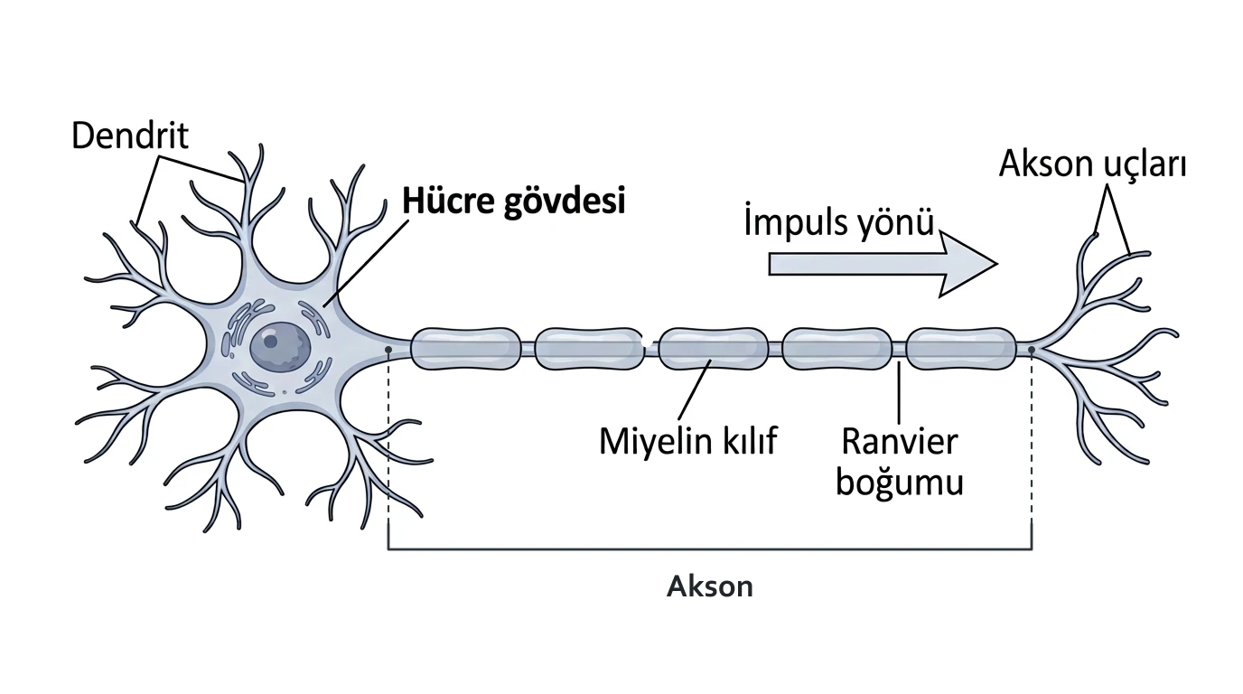 Dendrit, hücre gövdesi, aksonun uzun kapsamı, miyelin kılıf, Ranvier boğumları ve akson uçları gösterilen nöron