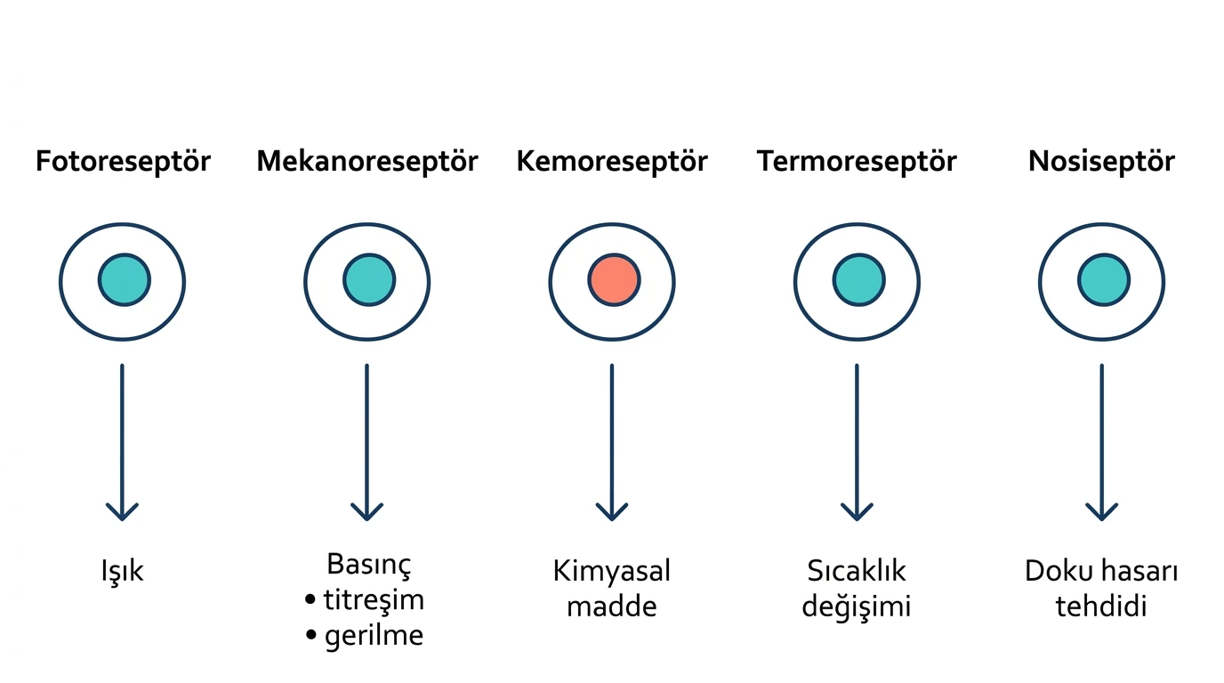 Fotoreseptör, mekanoreseptör, kemoreseptör, termoreseptör ve nosiseptörün uygun uyarılarla eşleştirilmesi
