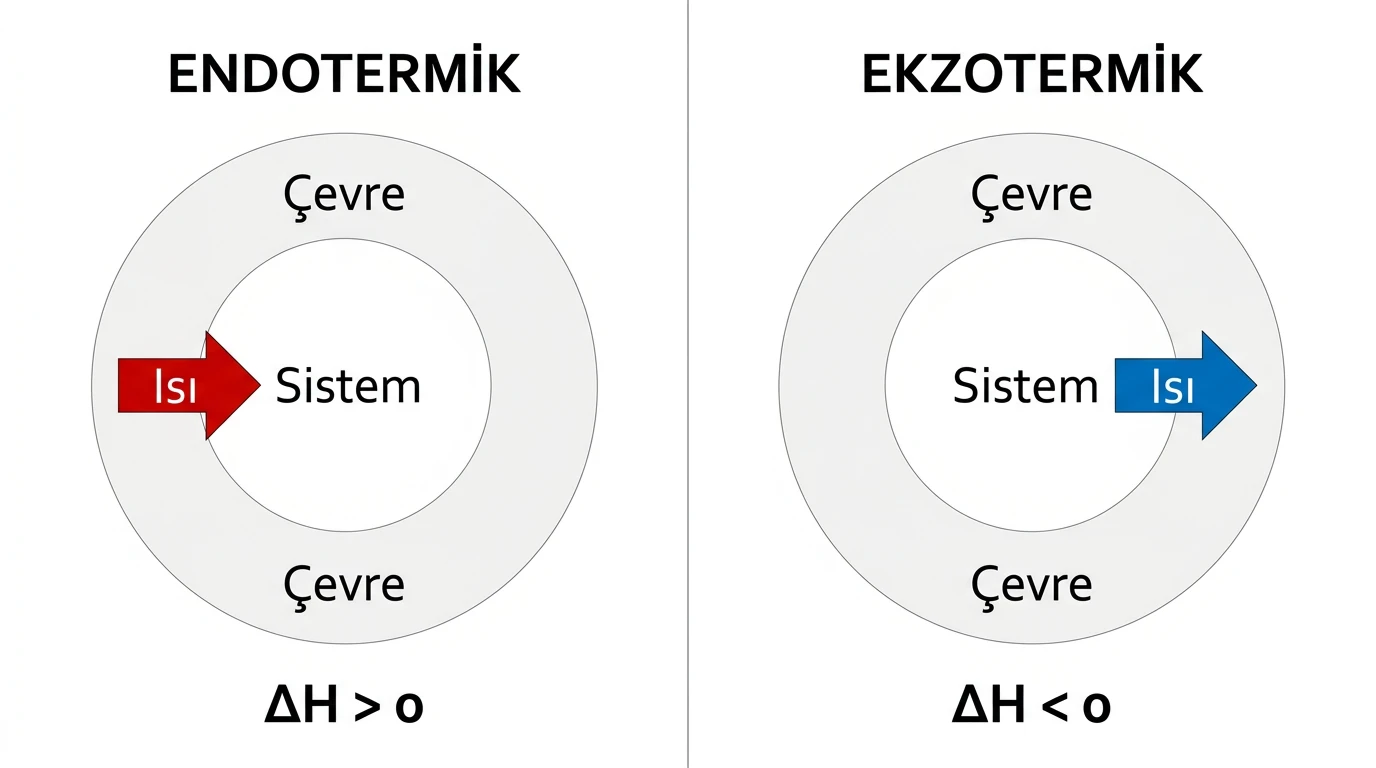 Endotermik süreçte çevreden sisteme, ekzotermik süreçte sistemden çevreye yönelen ısı okları