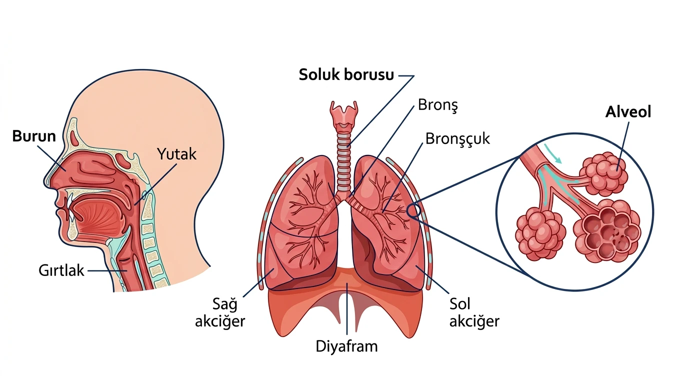 Burun, yutak, gırtlak, soluk borusu, bronş, bronşçuk, alveol, akciğerler ve diyaframın anatomik yerleşimi