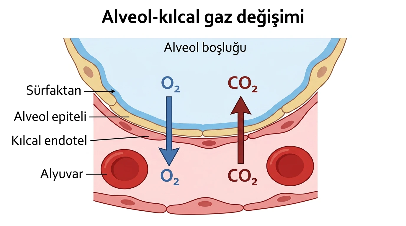 Alveol boşluğu, sürfaktan, alveol epiteli, kılcal endotel ve alyuvarlar arasında oksijen ile karbondioksitin zıt yönlü difüzyonu