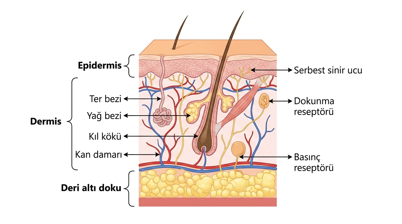 Epidermis, dermis ve deri altı dokuda ter bezi, yağ bezi, kıl kökü, kan damarı ve farklı derinlikte reseptörlerin konumu