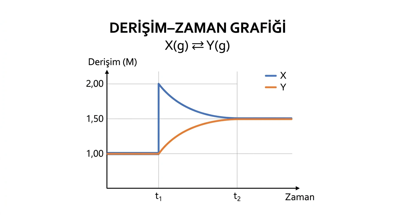X gazı eklenince X derişiminin ani arttığı, ardından X ve Y'nin denge sabitini koruyarak 1,50 M'de eşitlendiği grafik