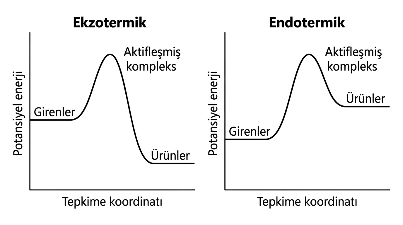 Giren, aktifleşmiş kompleks ve ürün düzeylerini gösteren ekzotermik ve endotermik enerji profilleri