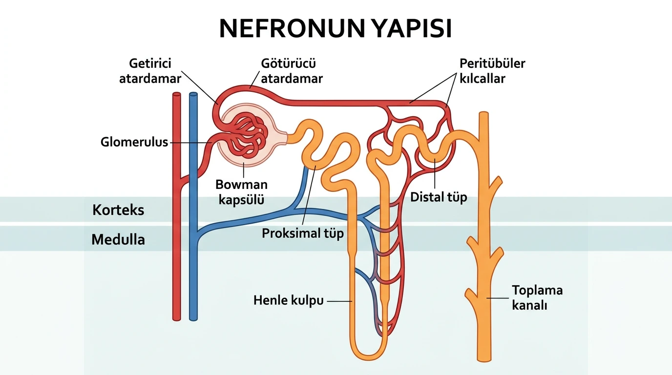 Getirici ve götürücü atardamar, glomerulus, Bowman kapsülü, nefron tüpleri ve peritübüler kılcalları gösteren şema