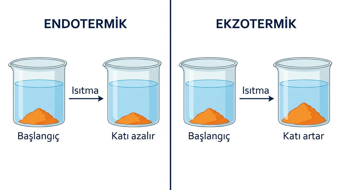 Isıtma sonrası endotermik çözünmede katının azalmasını, ekzotermik çözünmede katının artmasını gösteren iki kap