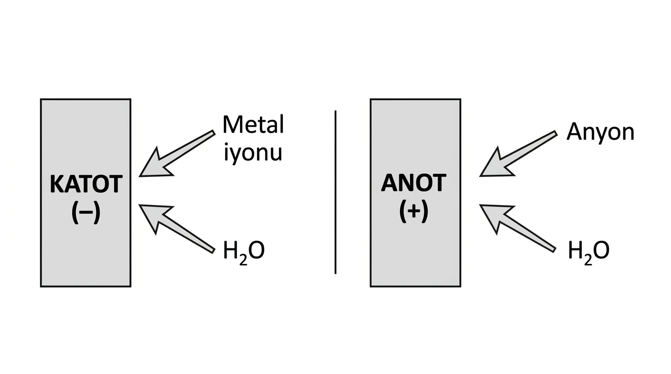 Sulu çözeltide katotta metal iyonu ile suyun, anotta anyon ile suyun elektrot ürünü olmak için karşılaştırıldığı şema