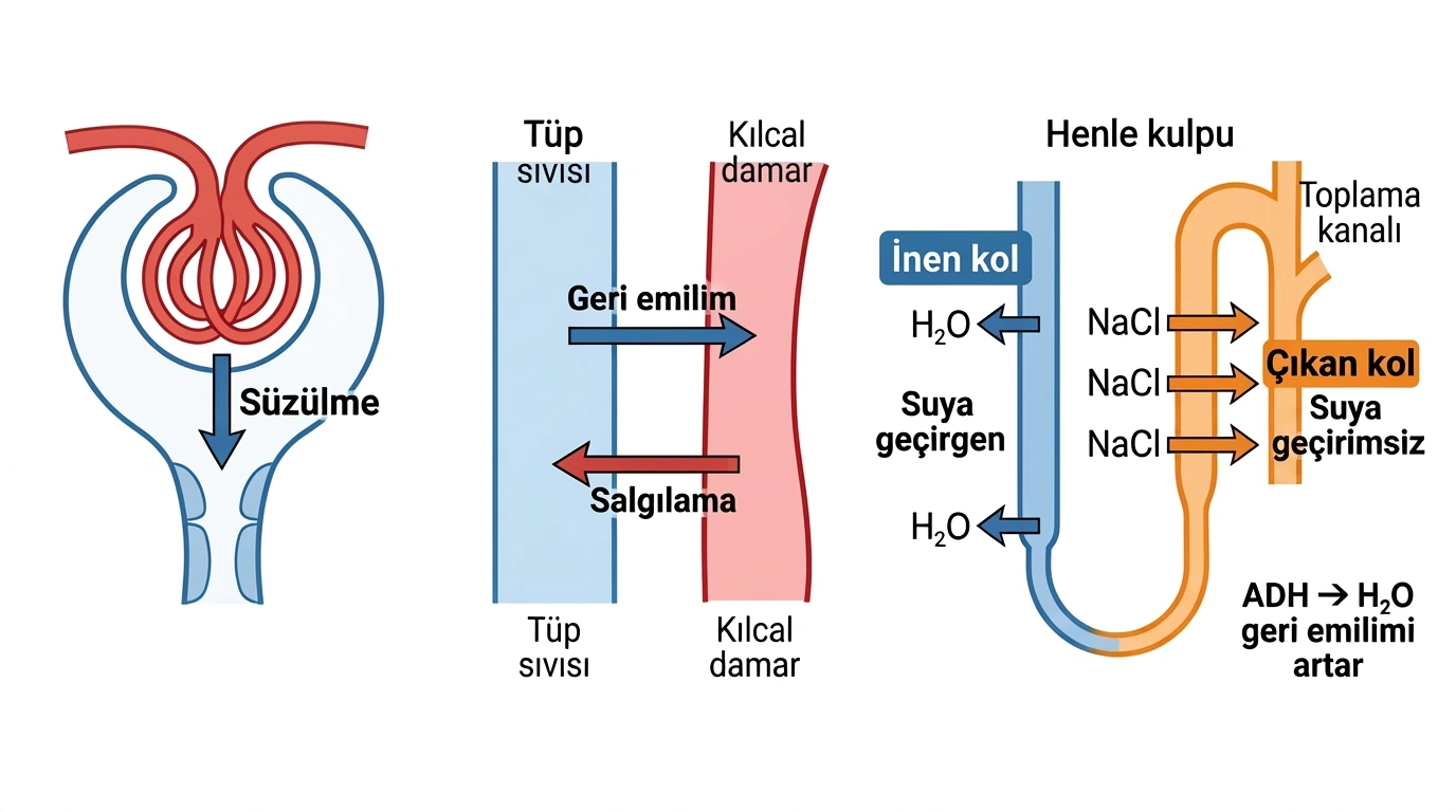 Glomerüler süzülme, tübüler geri emilim ve salgılama ile Henle kulpunda su ve tuz hareketlerini gösteren şema