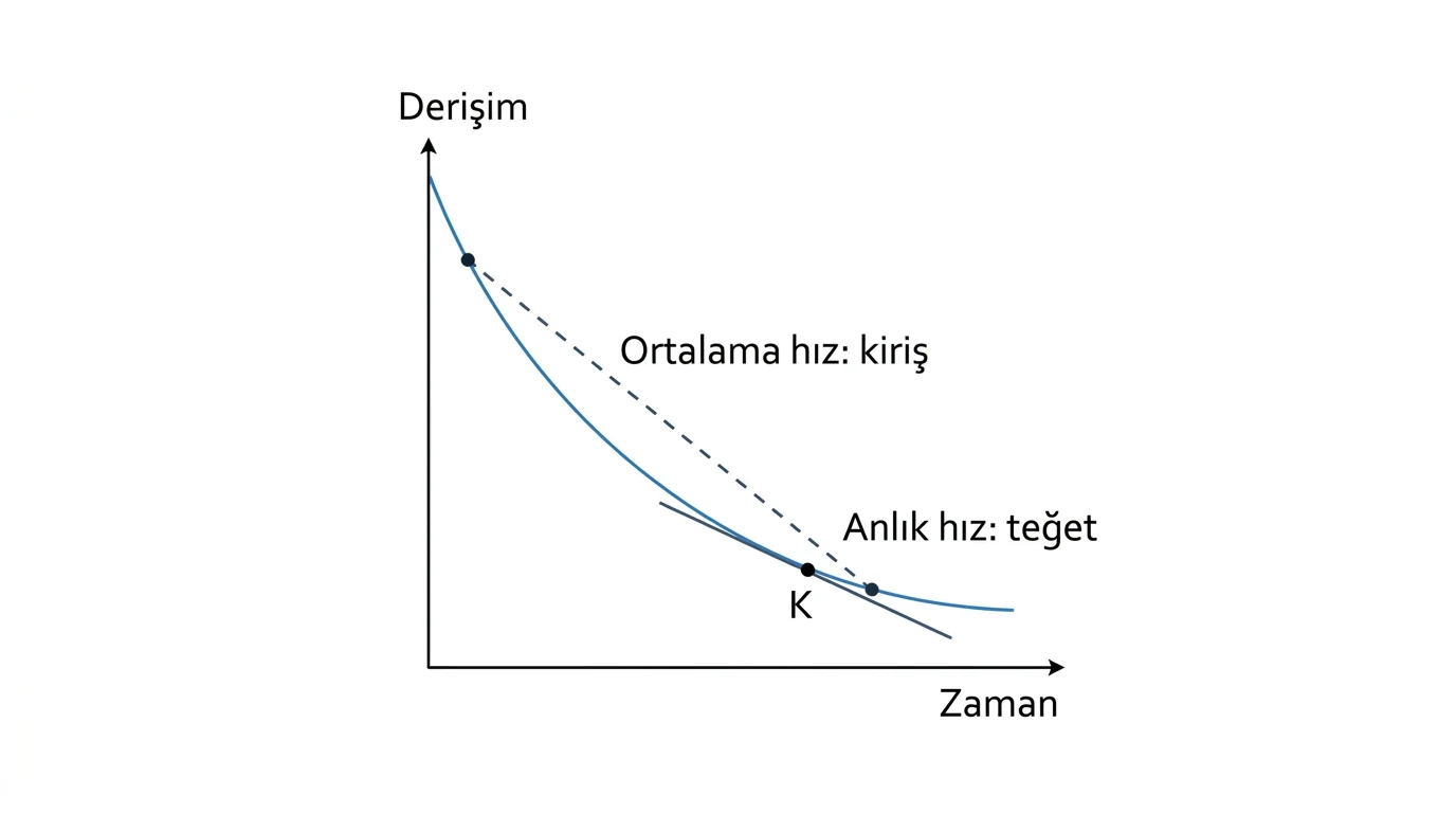 Azalan derişim zaman eğrisi üzerinde iki noktayı birleştiren kiriş ve tek noktadaki teğet