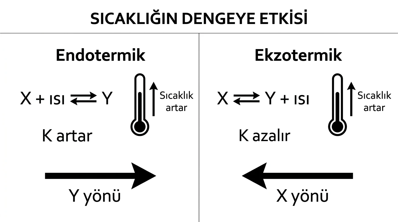Sıcaklık artışında endotermik dengenin ürünlere, ekzotermik dengenin girenlere kaydığını gösteren iki panel