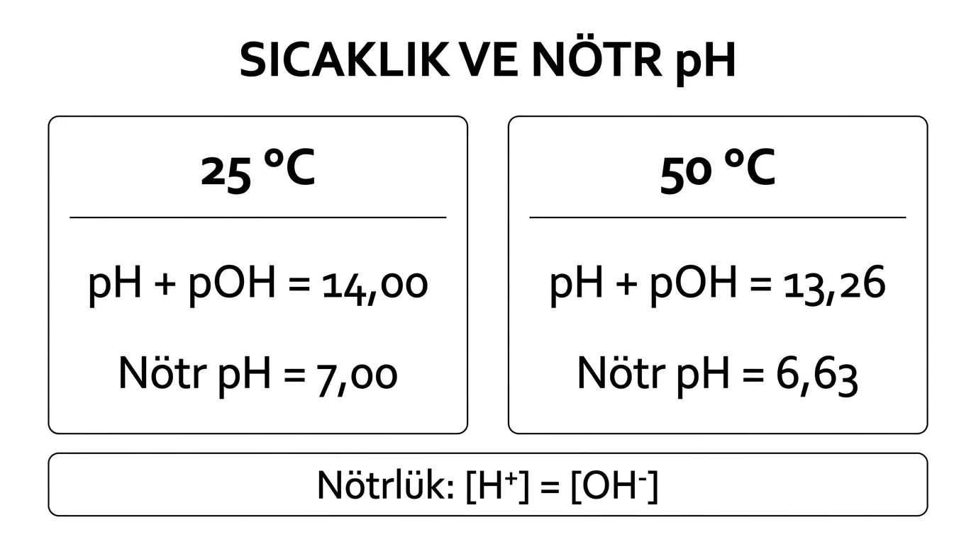 25 derece ve daha yüksek sıcaklık için pH-pOH doğrularında nötr noktaların eşit iyon derişimini korurken farklı pH değerlerine geldiğini gösteren iki panel