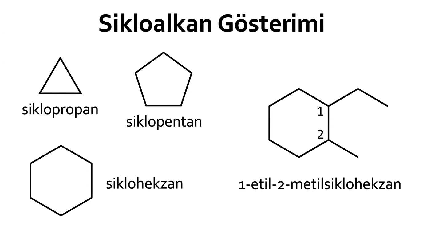 Üçgen, beşgen ve altıgen çizgi açı gösterimleri ile yan gruplu sikloalkan numaralandırması
