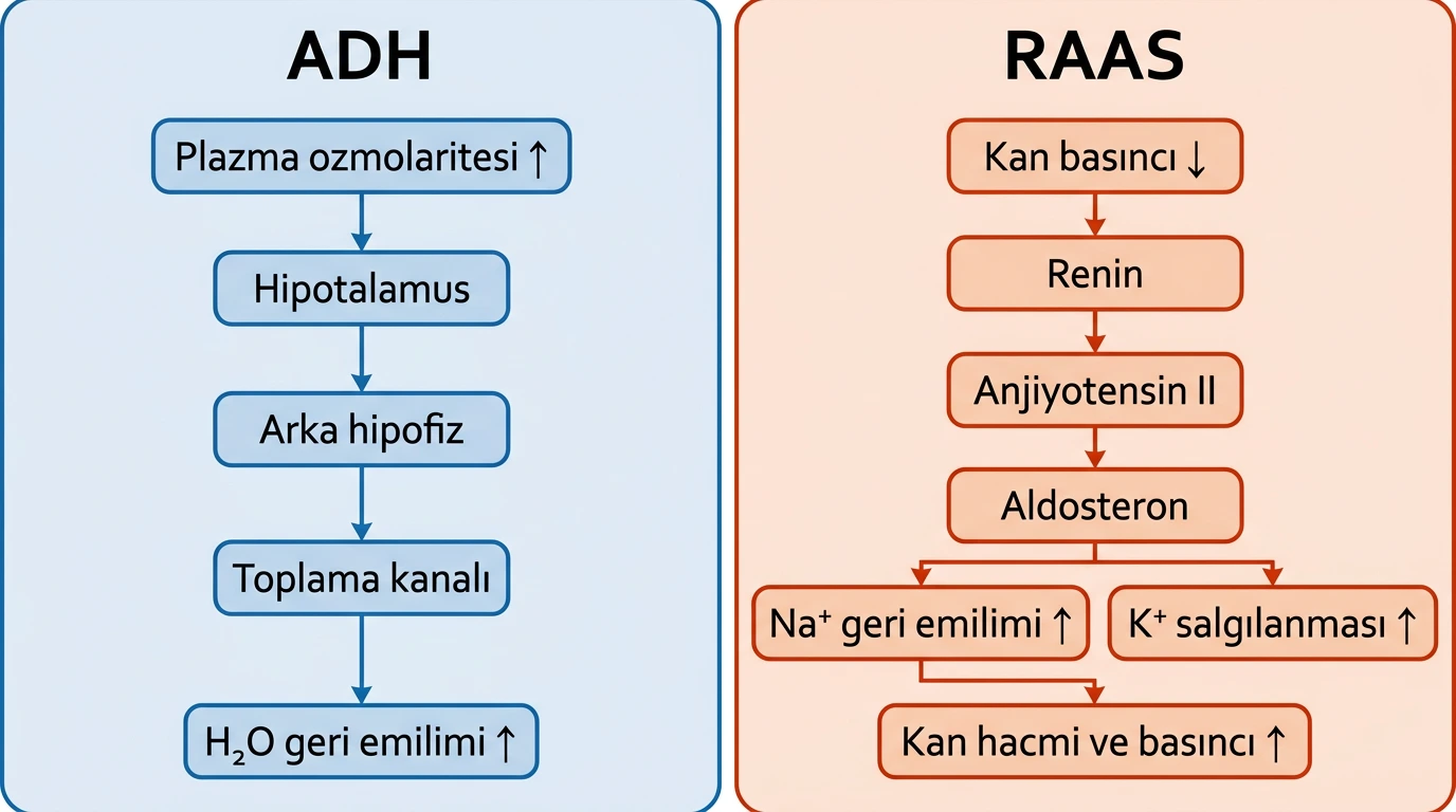 ADH ve renin-anjiyotensin-aldosteron sisteminin uyaran, ara basamak ve sonuçlarını karşılaştıran akış şeması