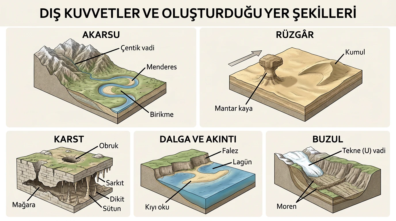 Akarsu, rüzgâr, karst, dalga ve akıntılar ile buzulların oluşturduğu yer şekilleri
