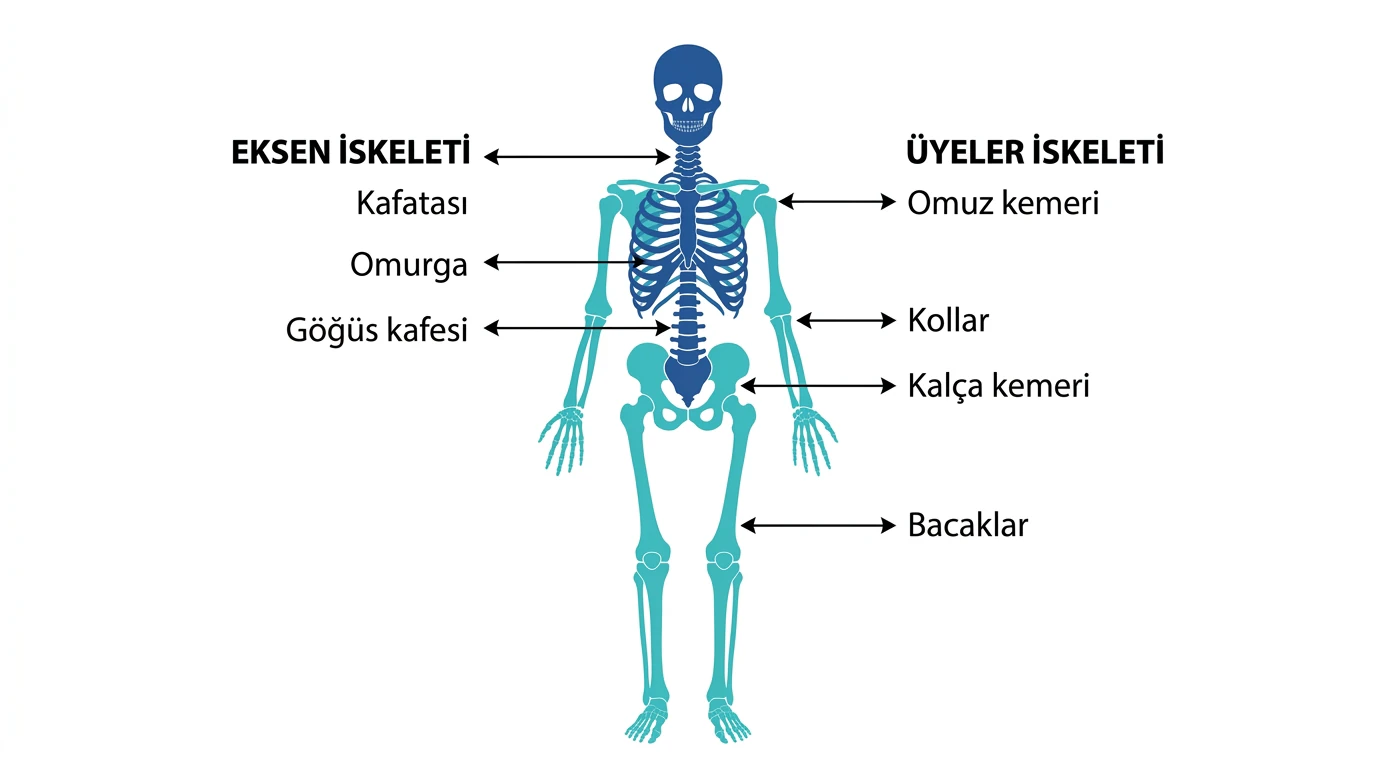 İnsan iskeletinde kafatası, omurga ve göğüs kafesinden oluşan eksen bölümü ile kemerler ve üyelerden oluşan üyeler iskeletinin renkli ayrımı