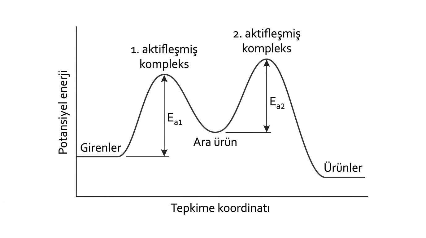 İki tepe, bir ara ürün çukuru ve her basamağın aktivasyon enerjisini gösteren enerji profili