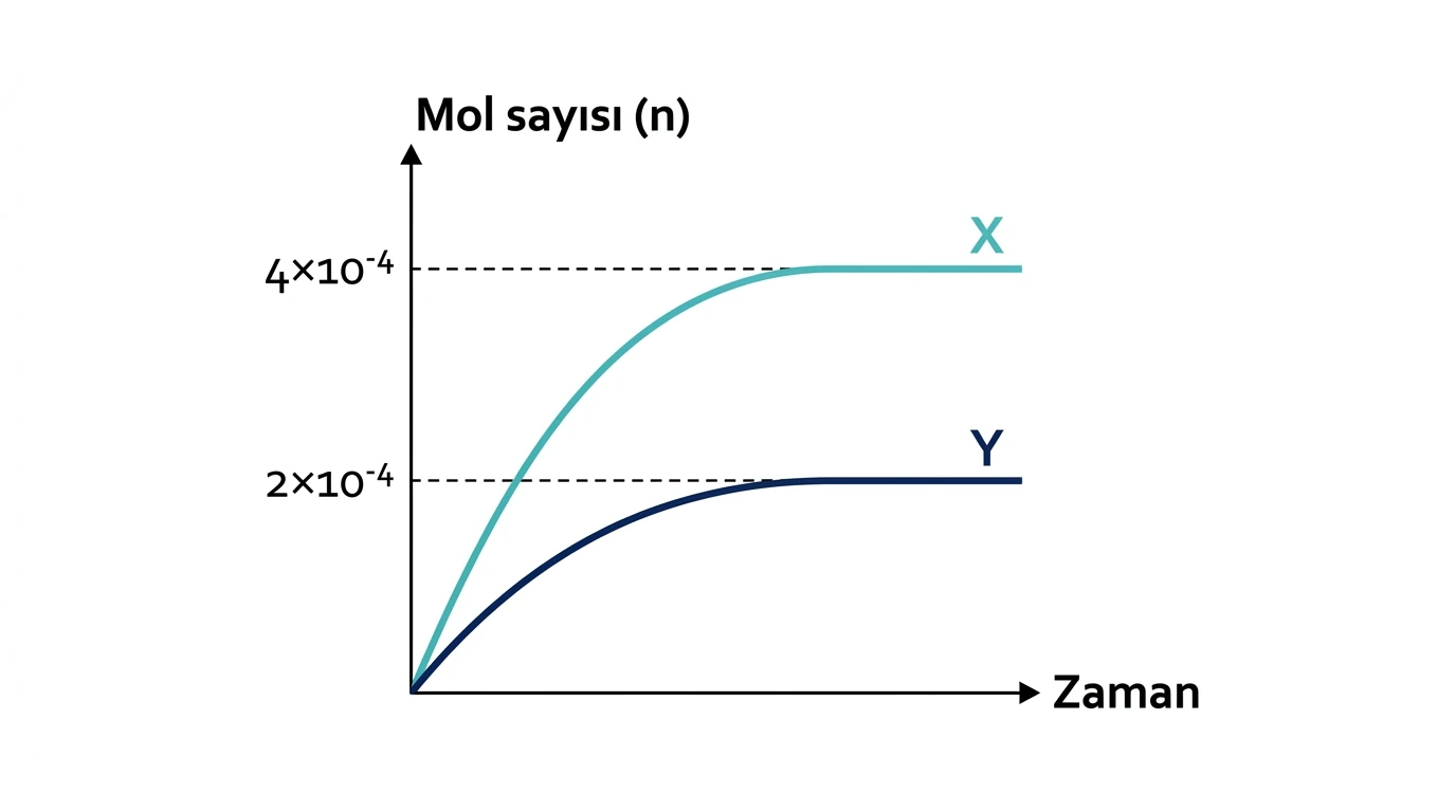 X iyonu 4 çarpı 10 üzeri eksi 4 mol ve Y iyonu 2 çarpı 10 üzeri eksi 4 mol değerine ulaşan grafik