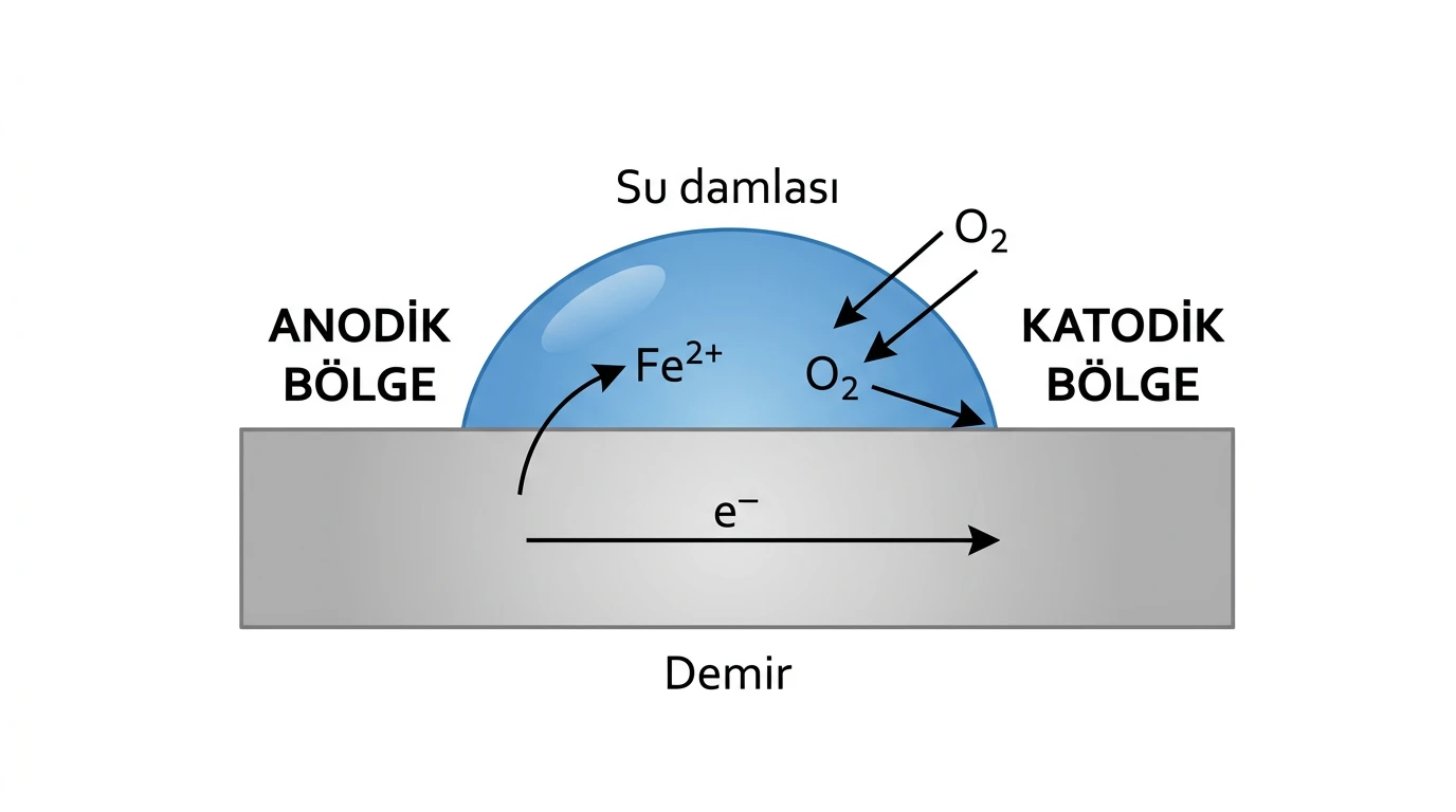 Demir yüzeyindeki su damlası altında anodik bölgede demirin çözündüğü ve katodik bölgede oksijenin indirgendiği korozyon mikrohücresi