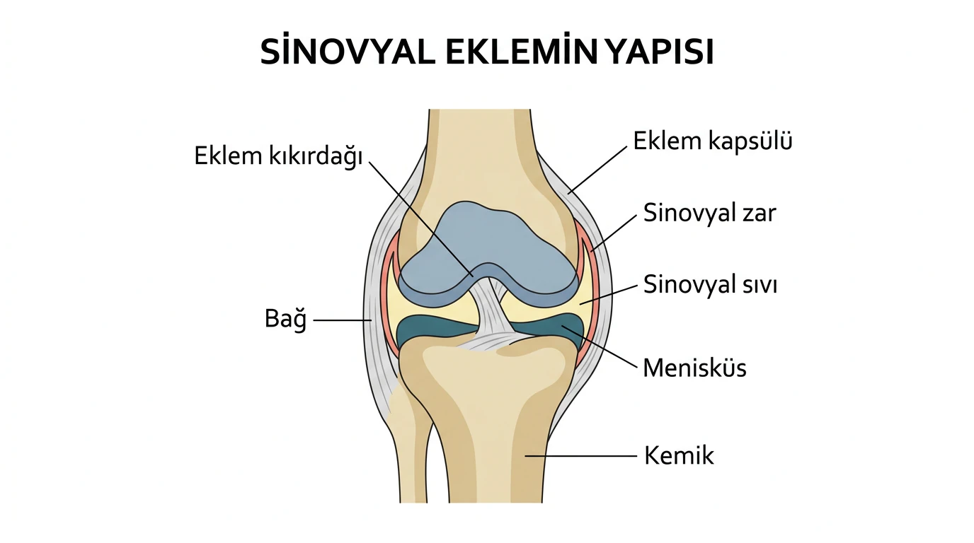 Sinovyal eklemde kemik uçları, eklem kıkırdağı, kapsül, sinovyal zar ve sıvı, bağ ve menisküsün konumları
