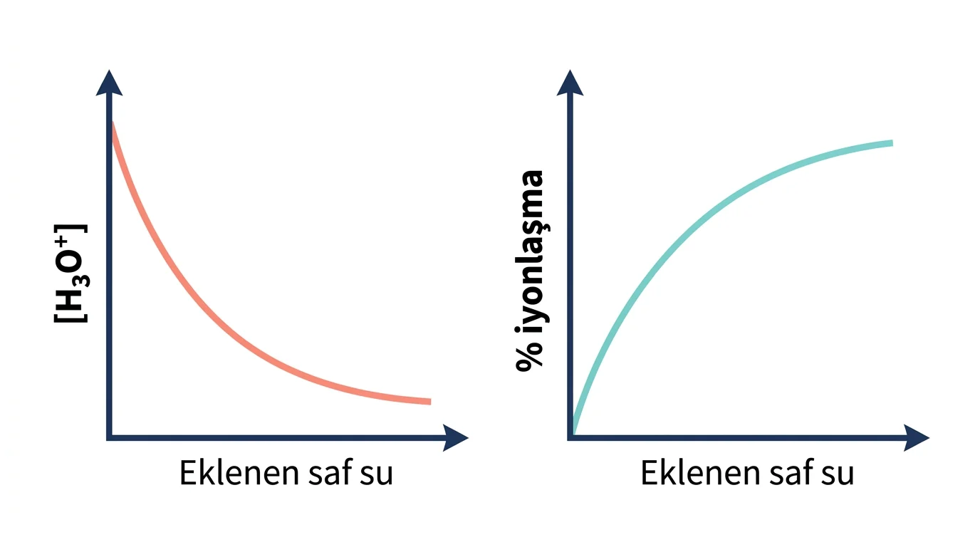 Saf su ekleme miktarı arttıkça hidronyum derişiminin azaldığı ve iyonlaşma yüzdesinin arttığı iki ayrı grafik