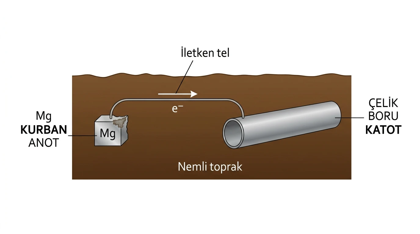 Nemli toprak içindeki çelik boruya iletkenle bağlanan magnezyum kurban anot ve elektron akışı
