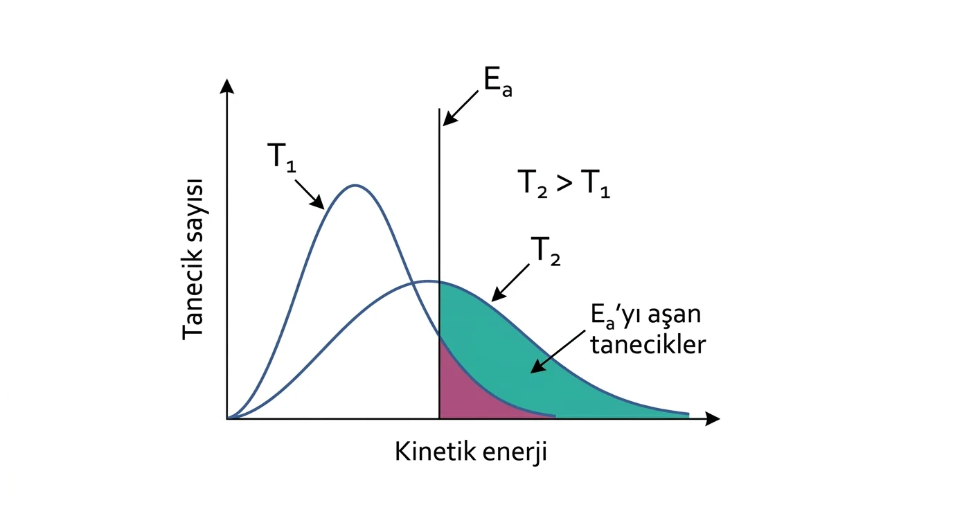 T2 sıcaklığında sağa yayılan Maxwell Boltzmann eğrisi ve aktivasyon enerjisinin üzerindeki daha büyük alan