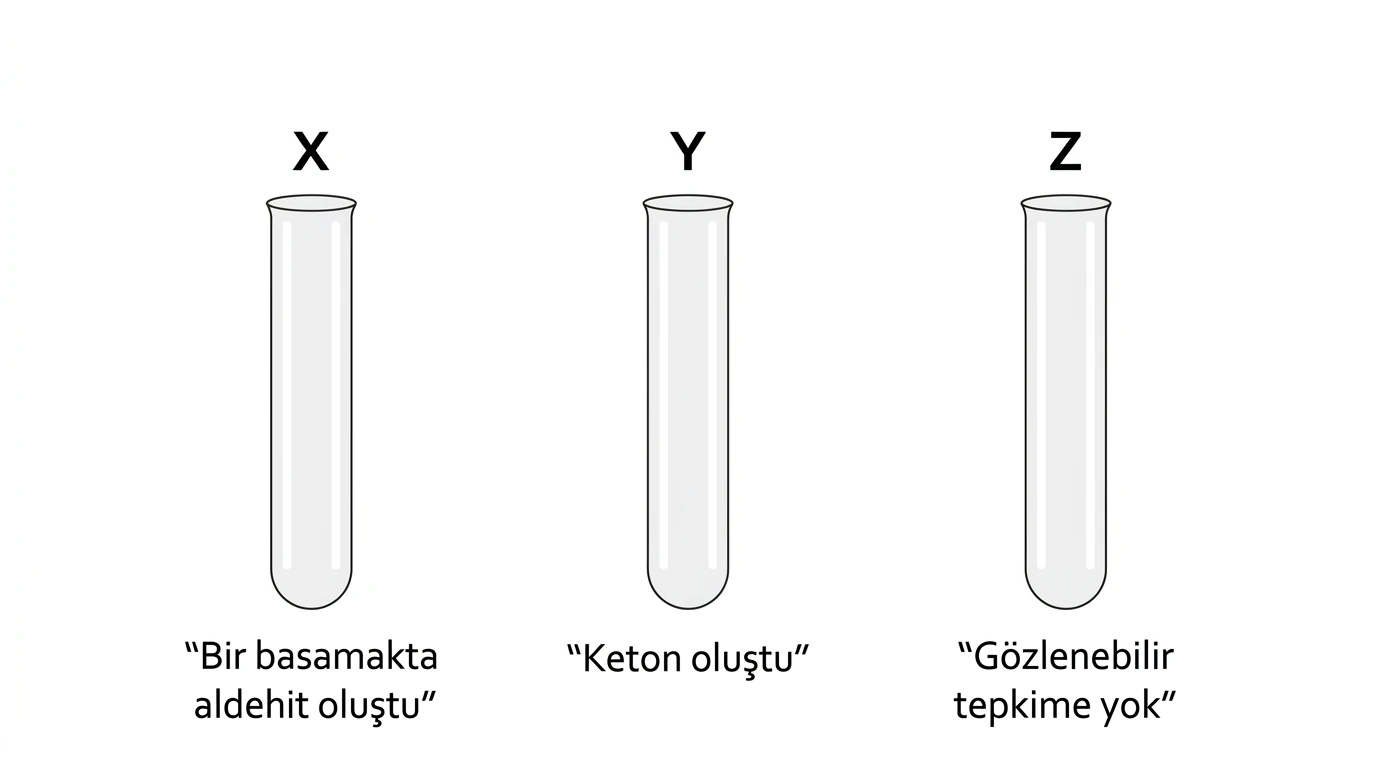 X Y Z alkollerinin aldehit keton ve tepkimesiz yükseltgenme sonuçlarını gösteren üç deney tüpü