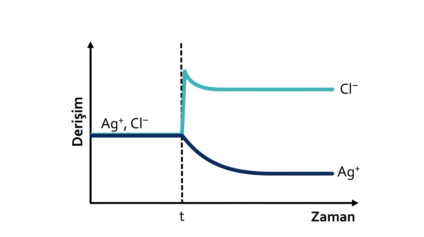 t anında klorür derişiminin sıçradığı ve gümüş iyonu derişiminin azaldığı grafik