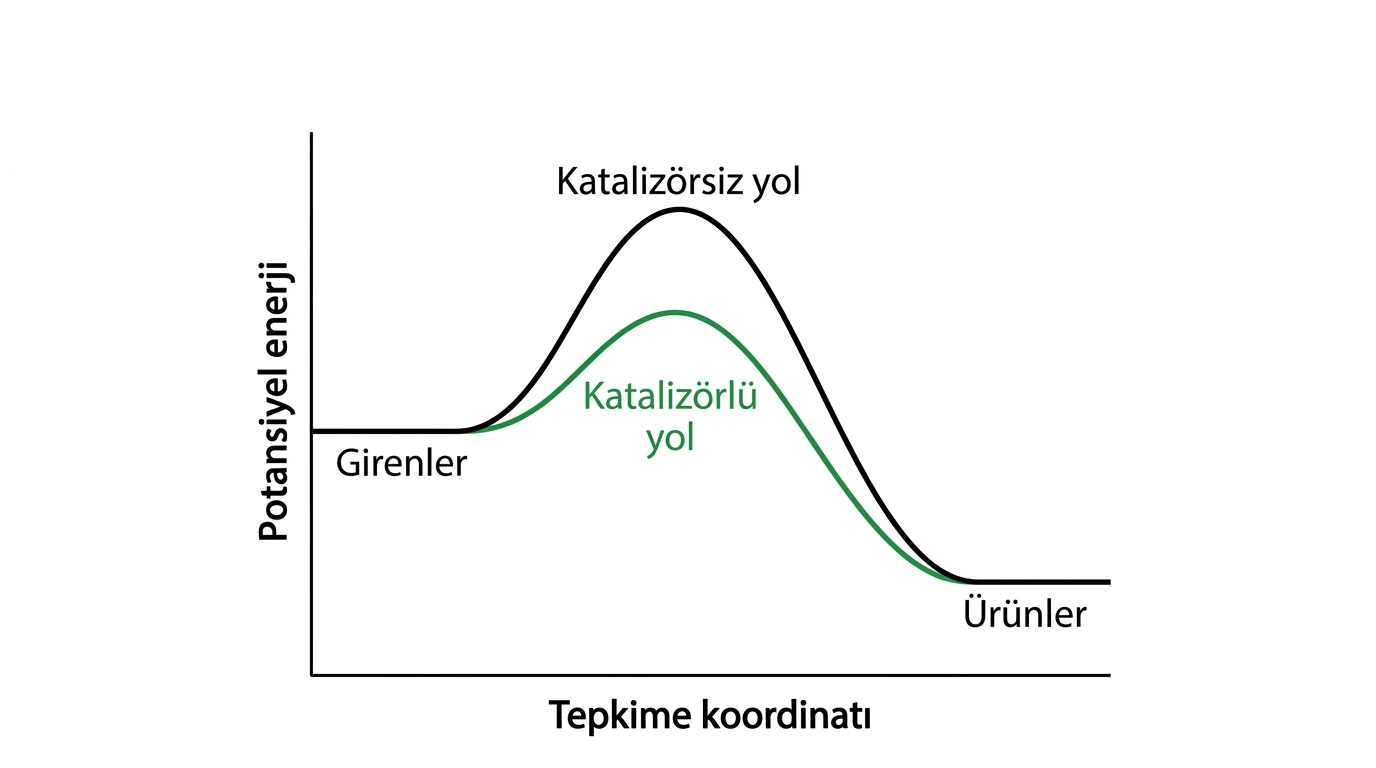Aynı giren ve ürün düzeyleri arasında yüksek katalizörsüz ve düşük katalizörlü enerji yolları