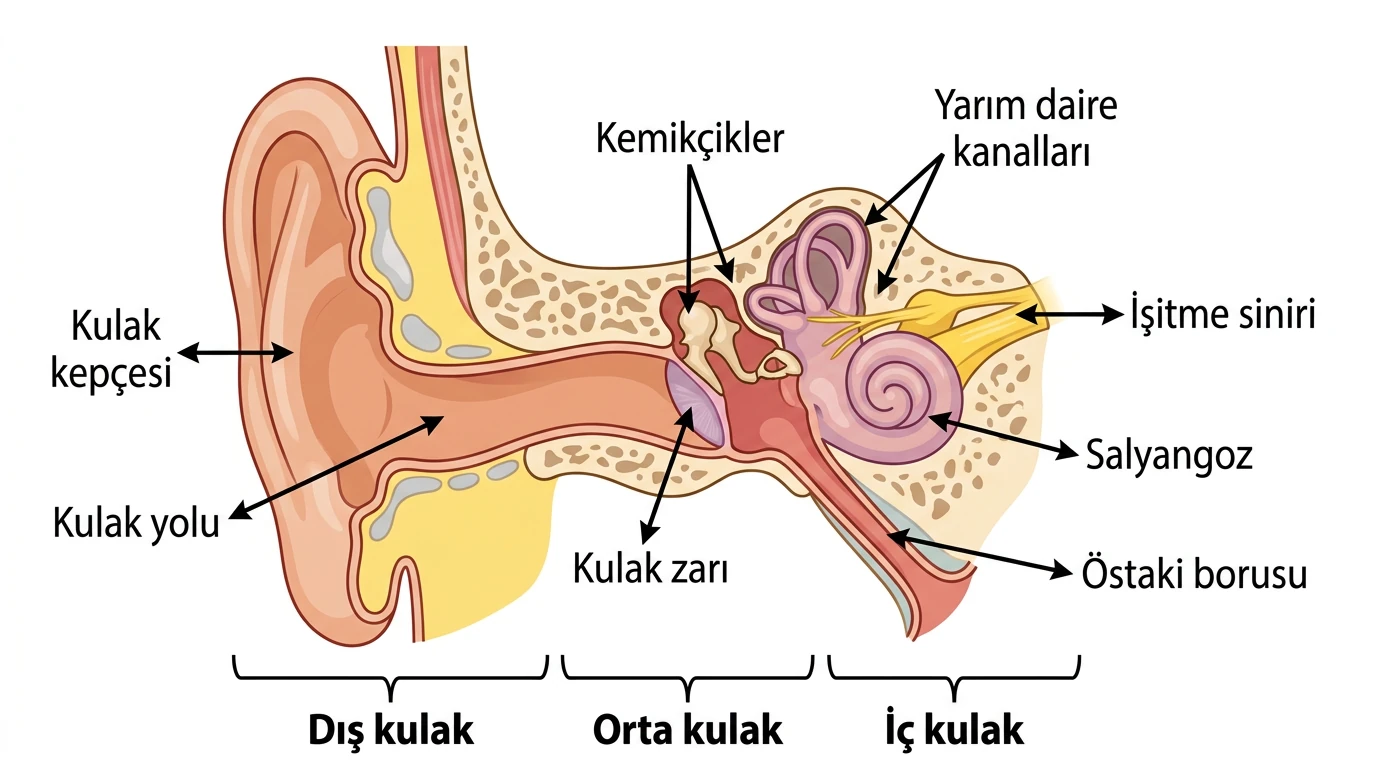Kulak kepçesi, kulak yolu, kulak zarı, kemikçikler, Östaki borusu, salyangoz, yarım daire kanalları ve işitme siniri