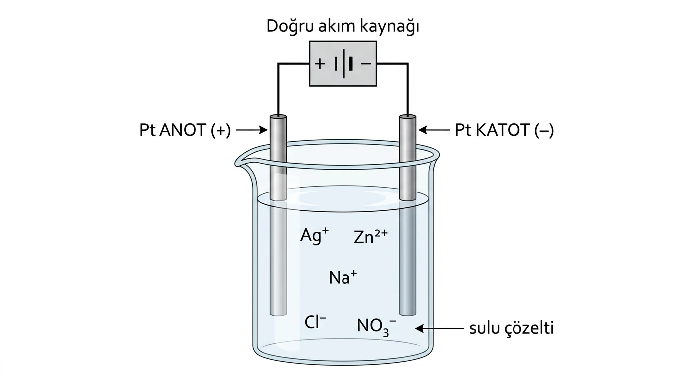 Gümüş, çinko, sodyum, klorür ve nitrat iyonları içeren sulu çözeltinin platin elektrotlarla elektroliz edildiği düzenek