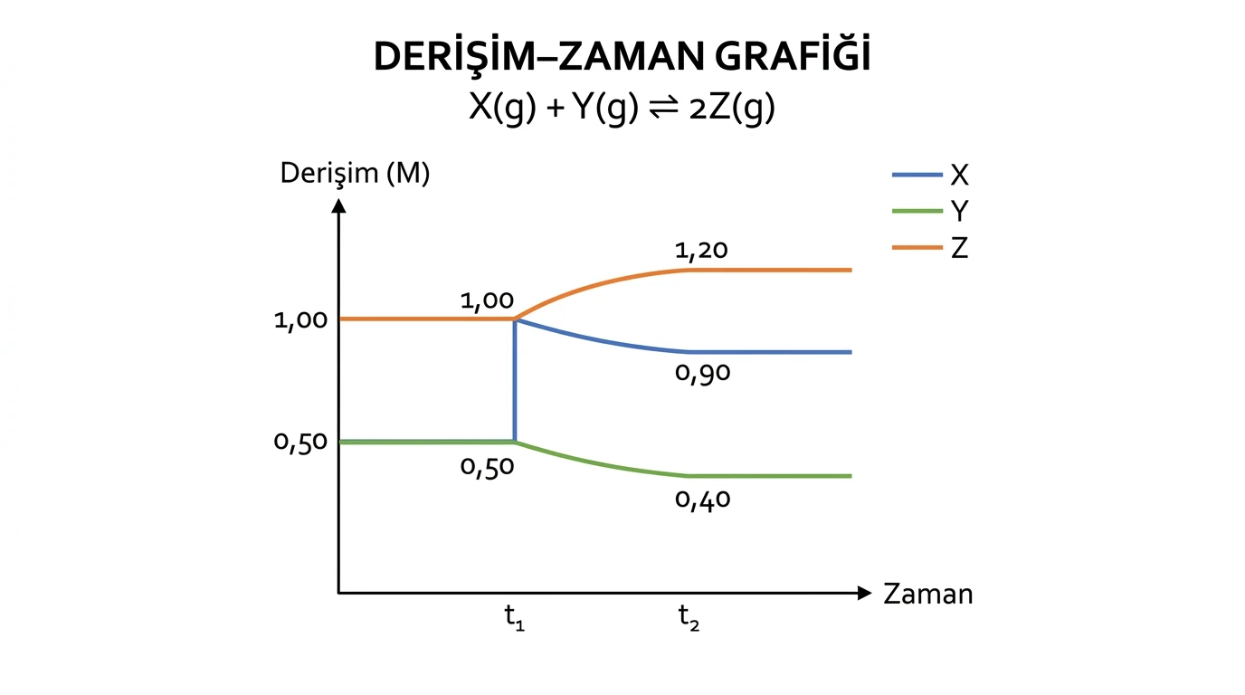 X eklenince X ve Y'nin 0,10 M azaldığı, Z'nin 0,20 M arttığı ve denge sabitinin korunduğu derişim-zaman grafiği