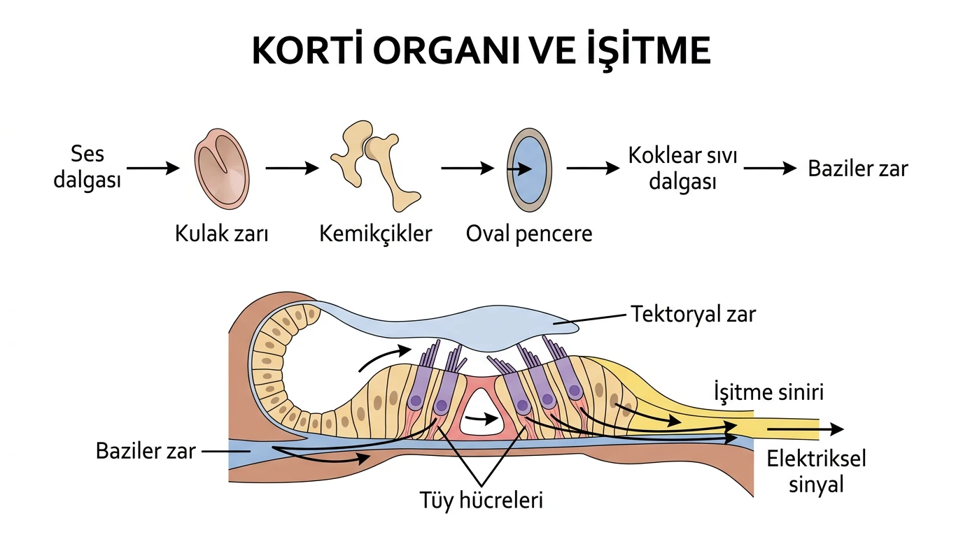 Ses dalgasının kulak zarı, kemikçikler, oval pencere, koklear sıvı, baziler zar ve tüy hücreleri üzerinden elektriksel sinyale dönüşmesi
