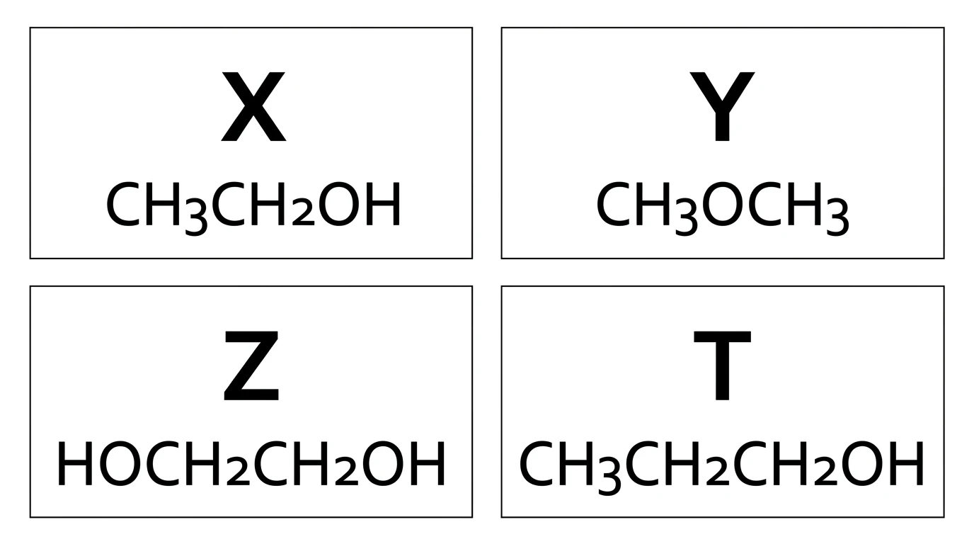 X etanol Y dimetil eter Z etandiol ve T propanol formülleri