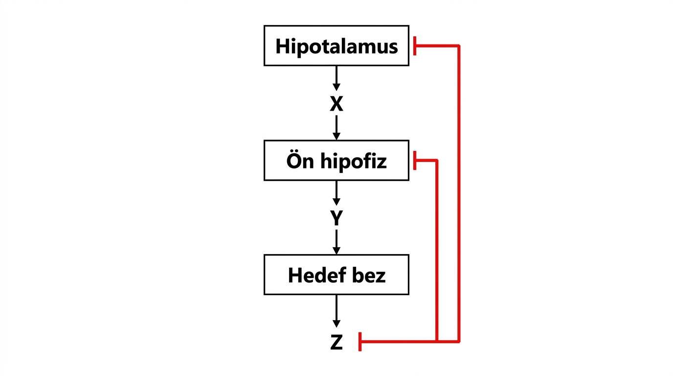 Hipotalamus, ön hipofiz ve hedef bez arasında X, Y ve Z ile gösterilen hormonlar ve Z'nin üst merkezleri baskıladığı eksen