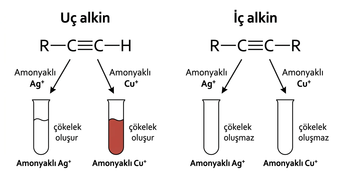 Uç alkinin amonyaklı gümüş ve bakır bir çözeltilerinde çökelek vermesi, iç alkinin çökelek vermemesi