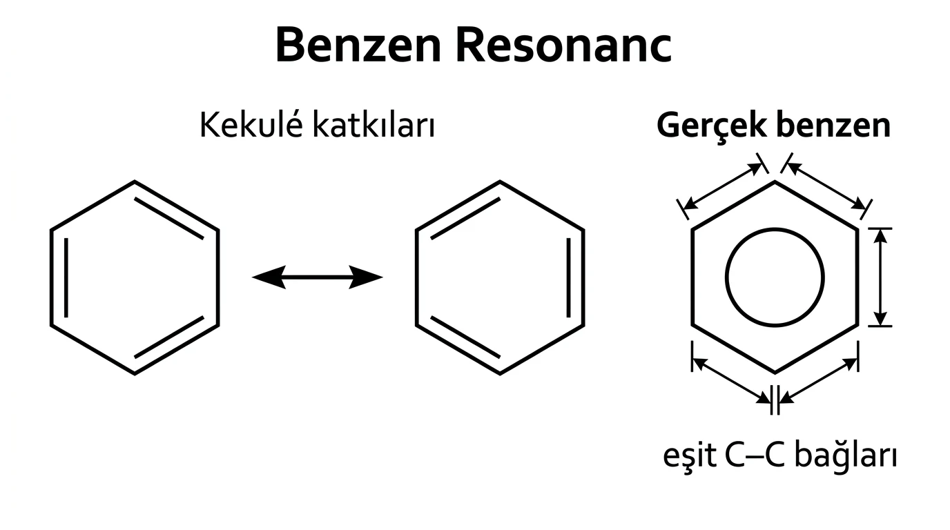Benzenin iki Kekule rezonans katkısı, halkalı gösterimi ve eşit karbon karbon bağlarını gösteren şema