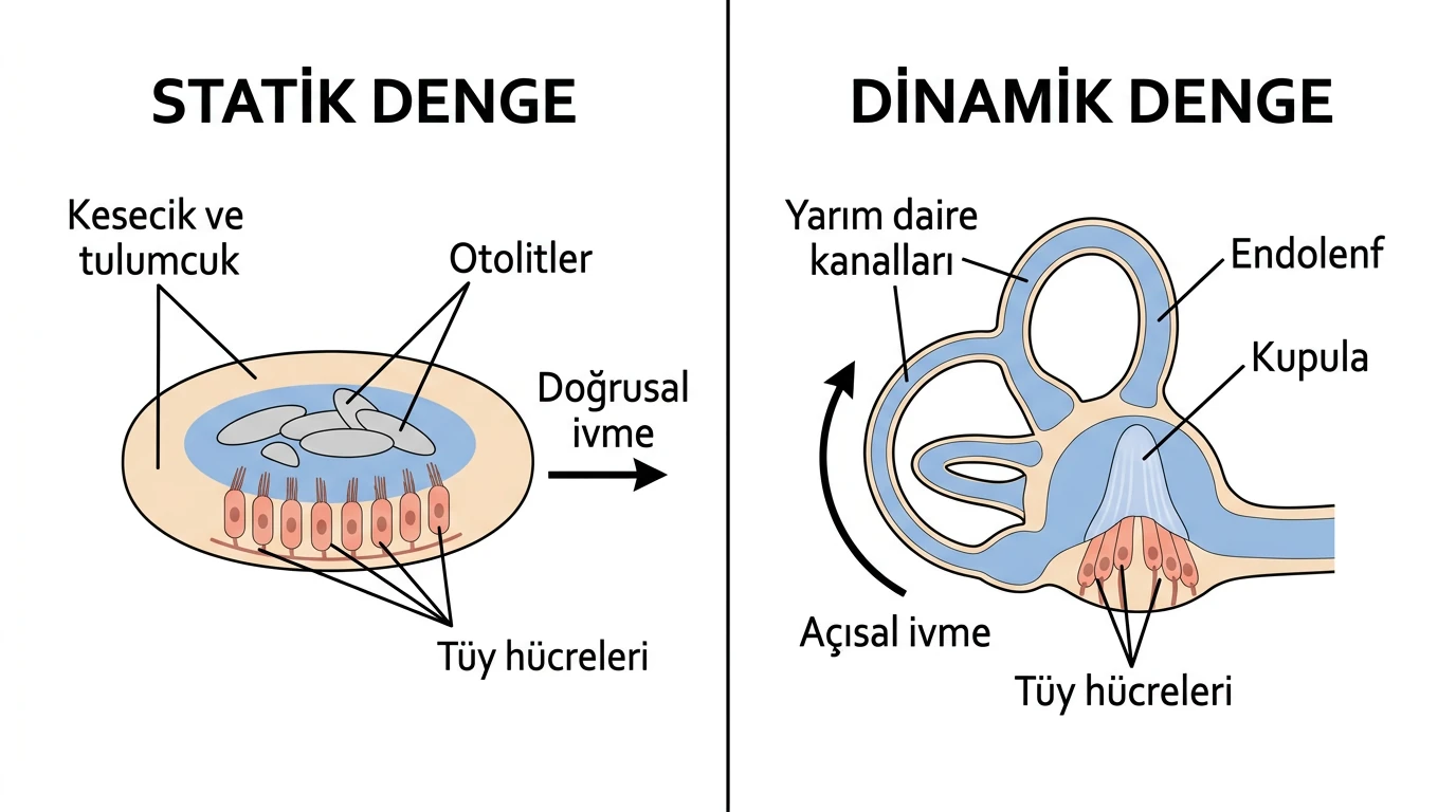 Kesecik ve tulumcukta otolitlerle doğrusal ivme, yarım daire kanallarında endolenf ve kupulayla açısal ivme algısı