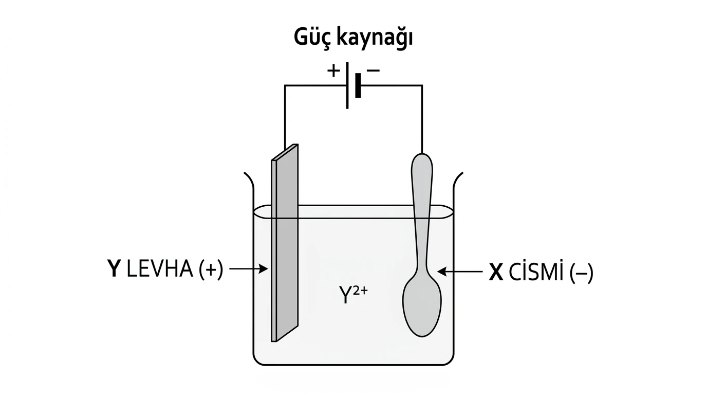 X cisminin negatif kutba, Y metal levhanın pozitif kutba bağlandığı ve Y iki artı iyonu içeren kaplama banyosu