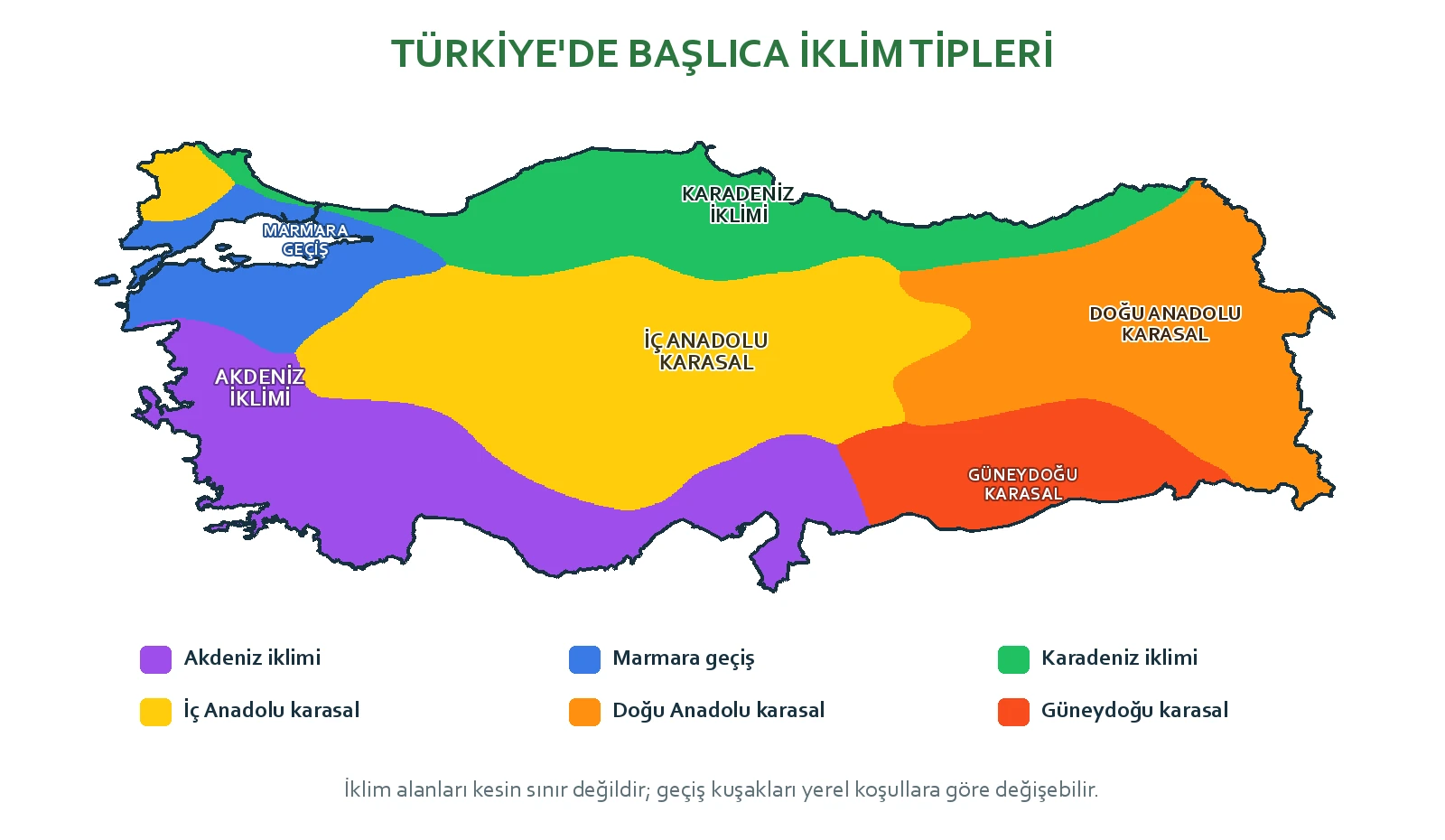 Türkiye'de Akdeniz, Marmara, Karadeniz ve karasal iklim tiplerinin yaklaşık dağılışı