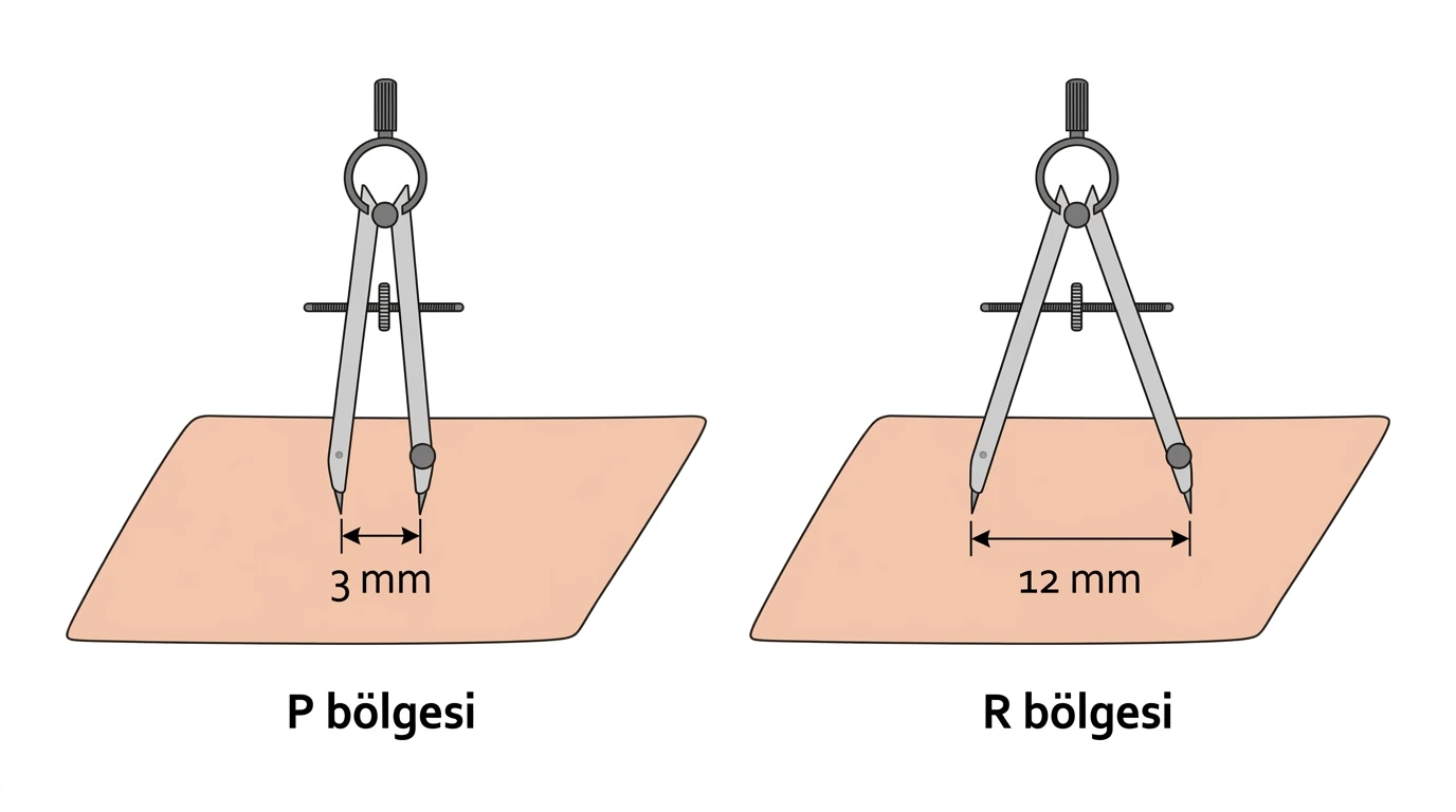 P bölgesinde 3 milimetre, R bölgesinde 12 milimetre aralıklı iki ucun uygulandığı deri duyarlılığı deneyi