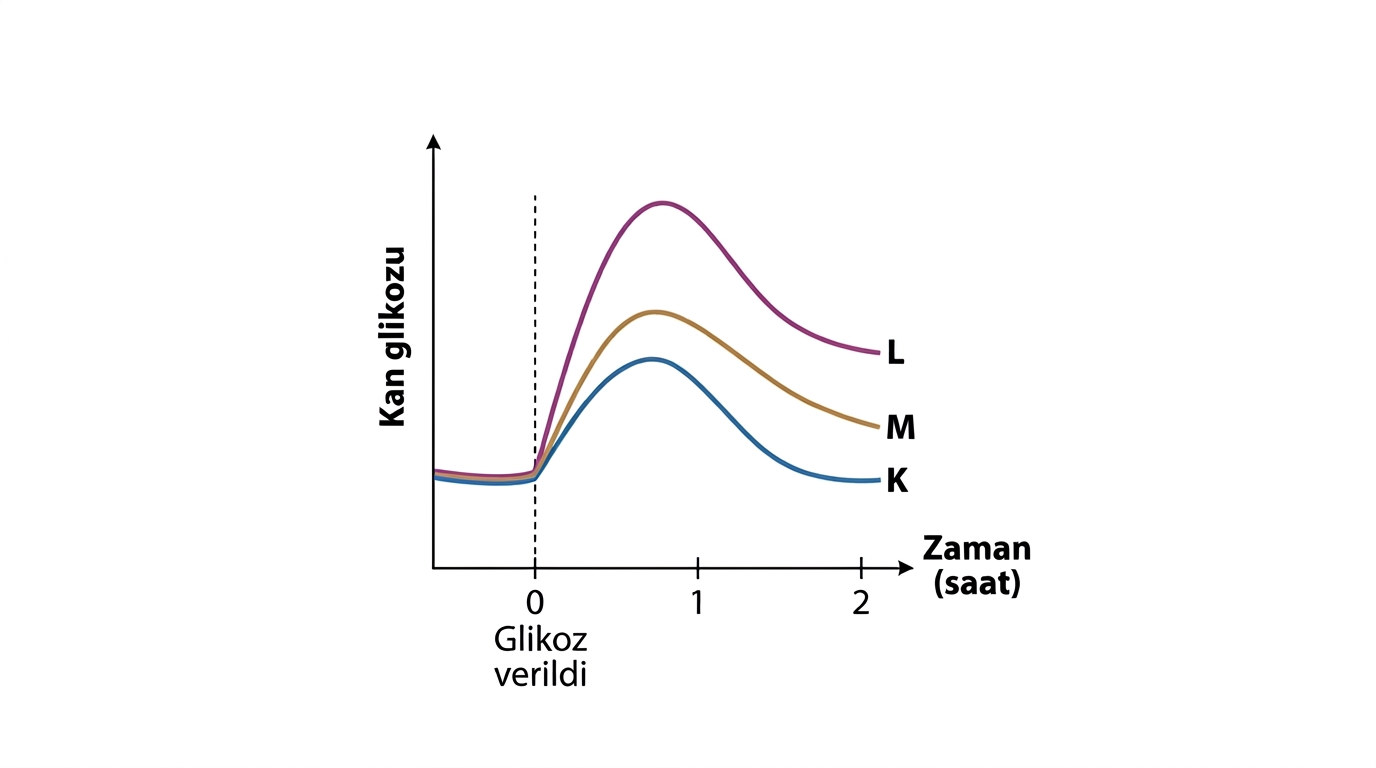 Aynı glikoz yüklemesinden sonra K'nin yaklaşık iki saatte başlangıca döndüğü, L'nin yüksek kaldığı, M'nin yavaş düştüğü üç eğrili grafik