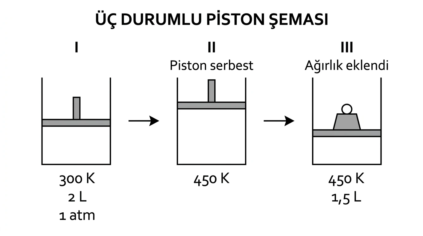 İdeal gazın üç piston durumunda iki aşamalı dönüşümü