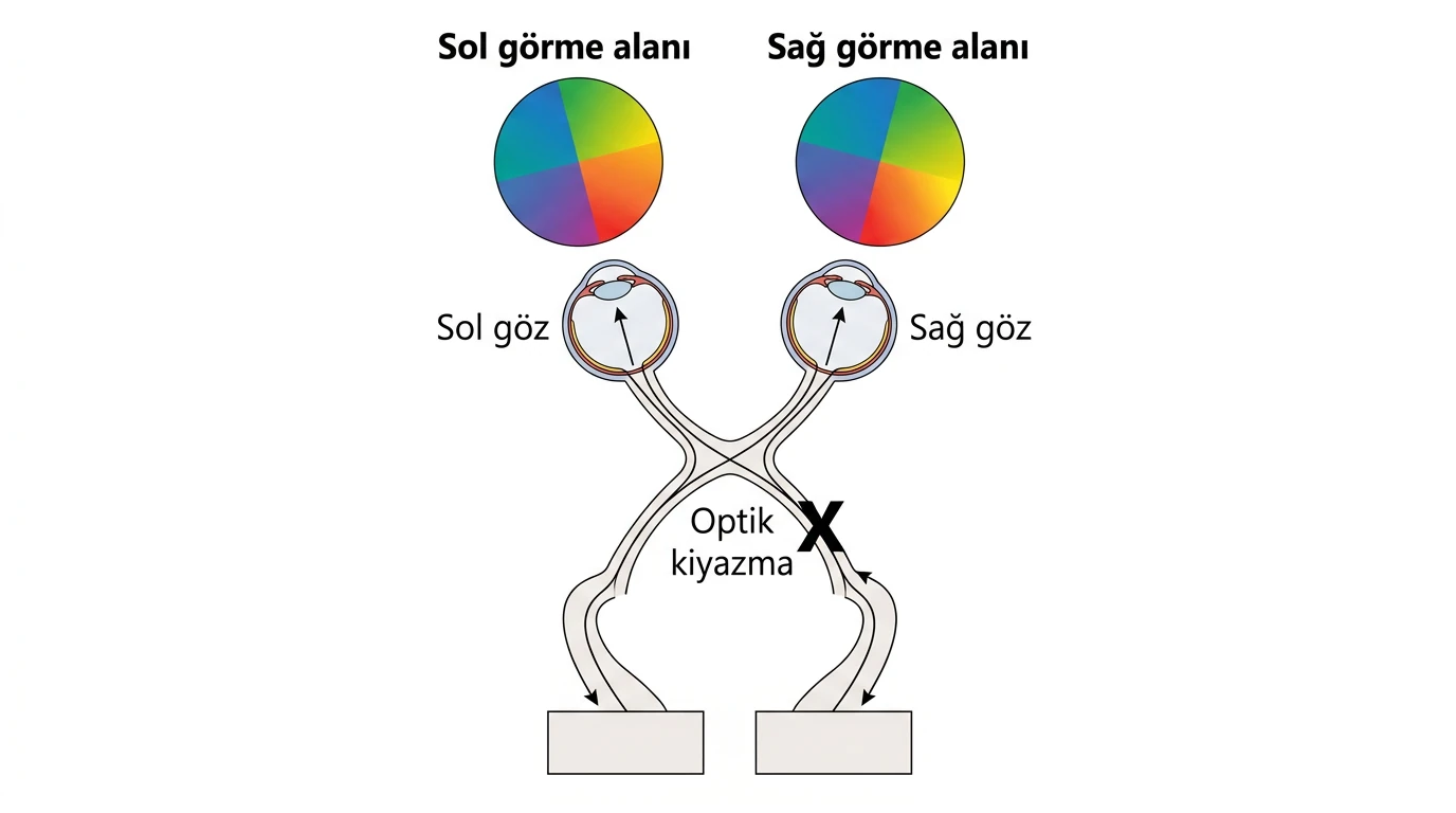 Sol ve sağ görme alanından gelen liflerin optik kiyazmada kısmen çaprazlaştığı ve sağ optik traktusta X lezyonu bulunan şema
