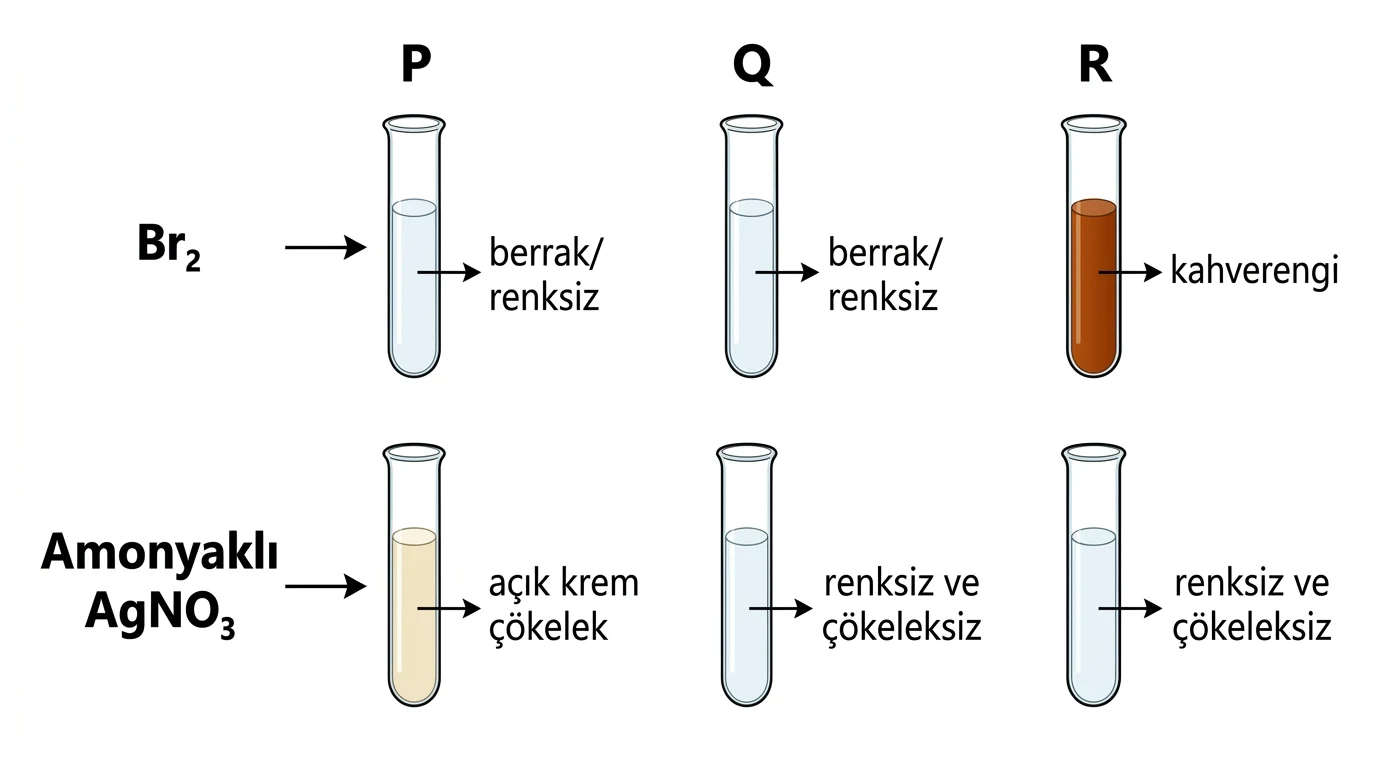 P Q ve R hidrokarbonlarının brom çözeltisi ve amonyaklı gümüş nitratla gözlemlerini gösteren deney tüpleri