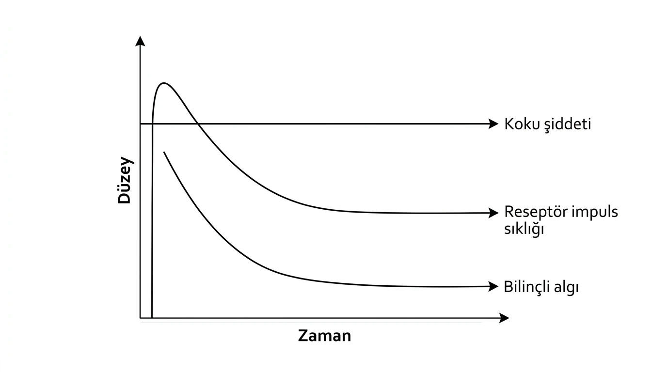 Koku şiddeti sabitken reseptör impuls sıklığı ve bilinçli algının zamanla farklı düzeylere azalması
