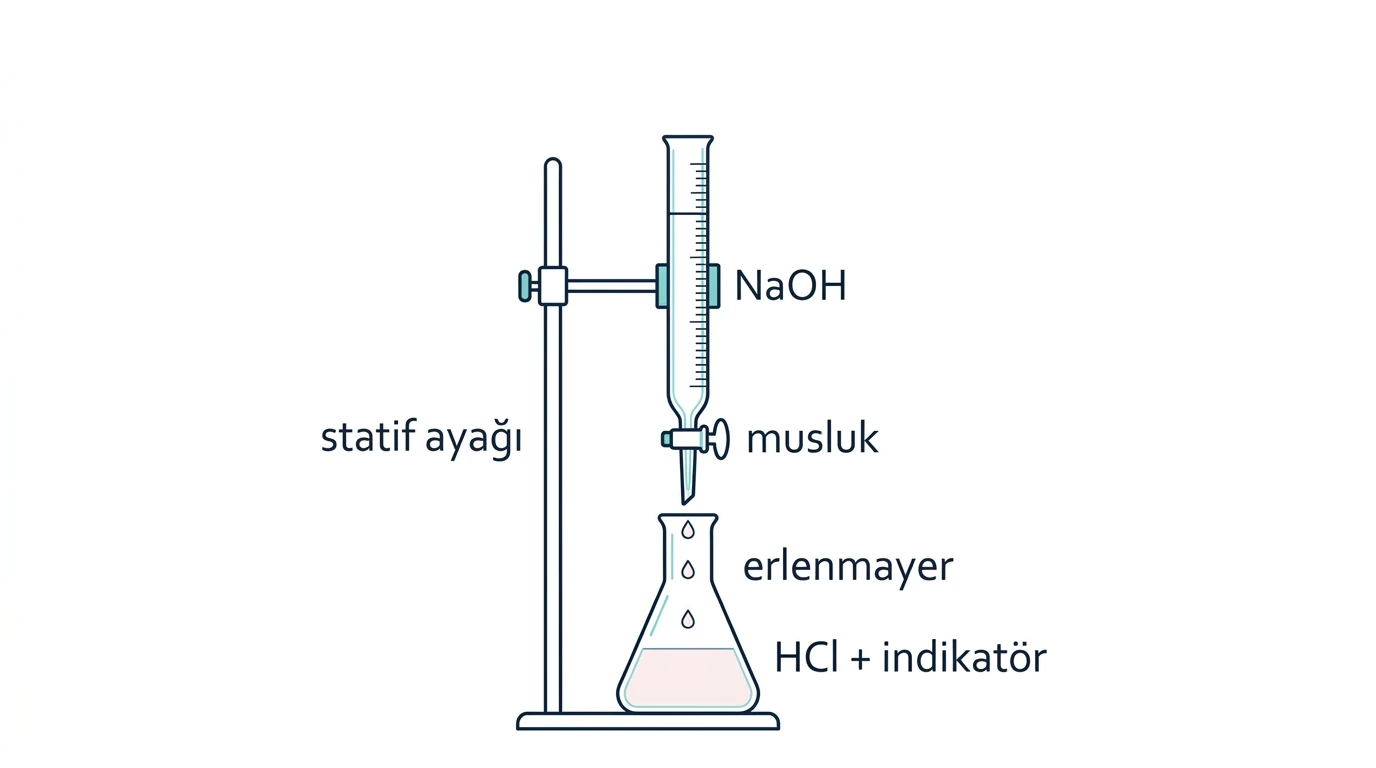 HCl çözeltisinin NaOH ile titre edildiği deney düzeneği