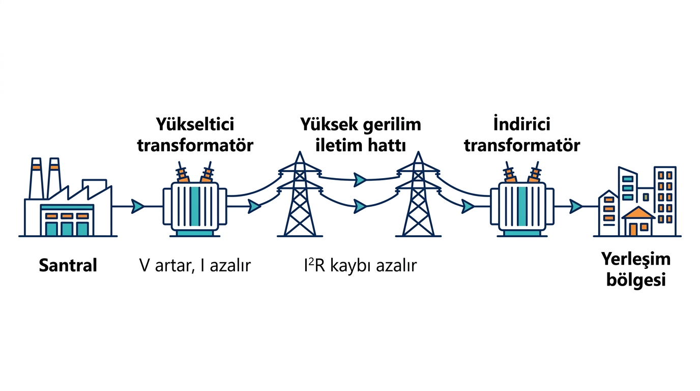 Santral yükseltici transformatör iletim hattı ve indirici transformatör zinciri